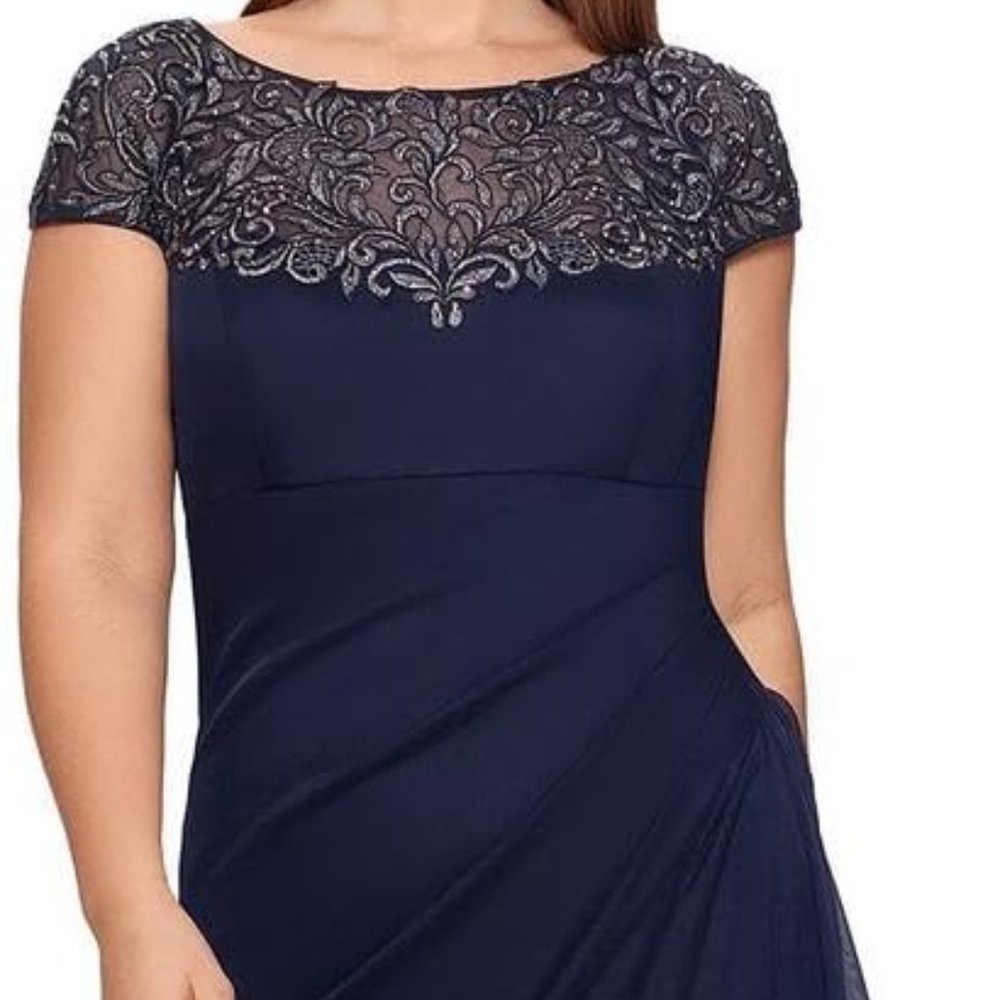 Xscape Embellished Long Sheer Dress Gown Side Ruching and Lace Top Navy Blue